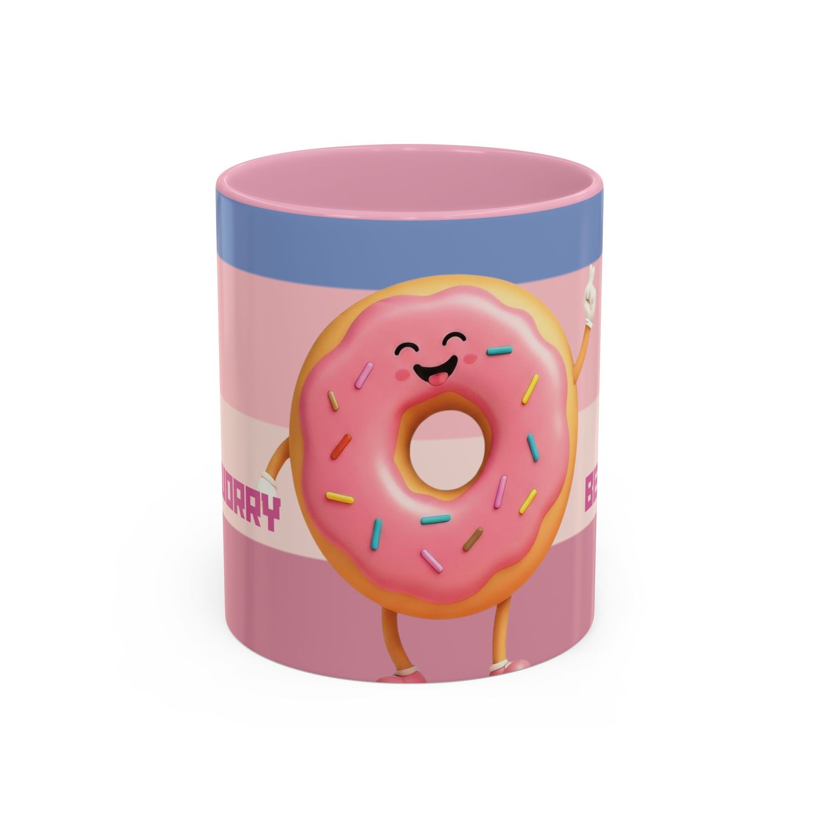 Donut Worry Be Happy Mug – Fun Pink Donut Ceramic Mug with Color Handle (11oz & 15oz)