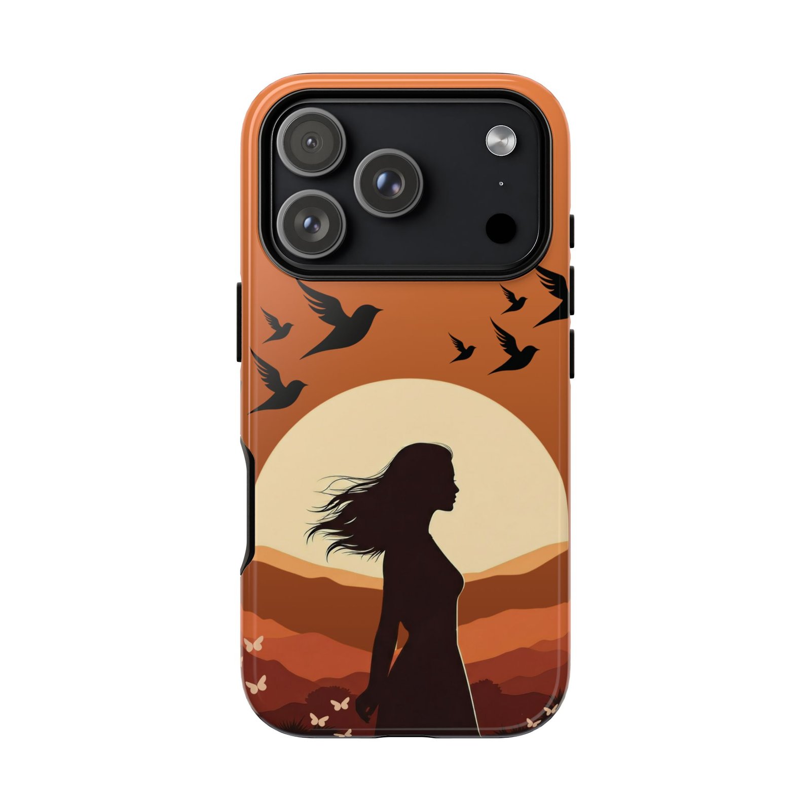 Boho Sunset Silhouette Phone Case – Artistic Nature-Inspired Design with Woman, Birds & Hills